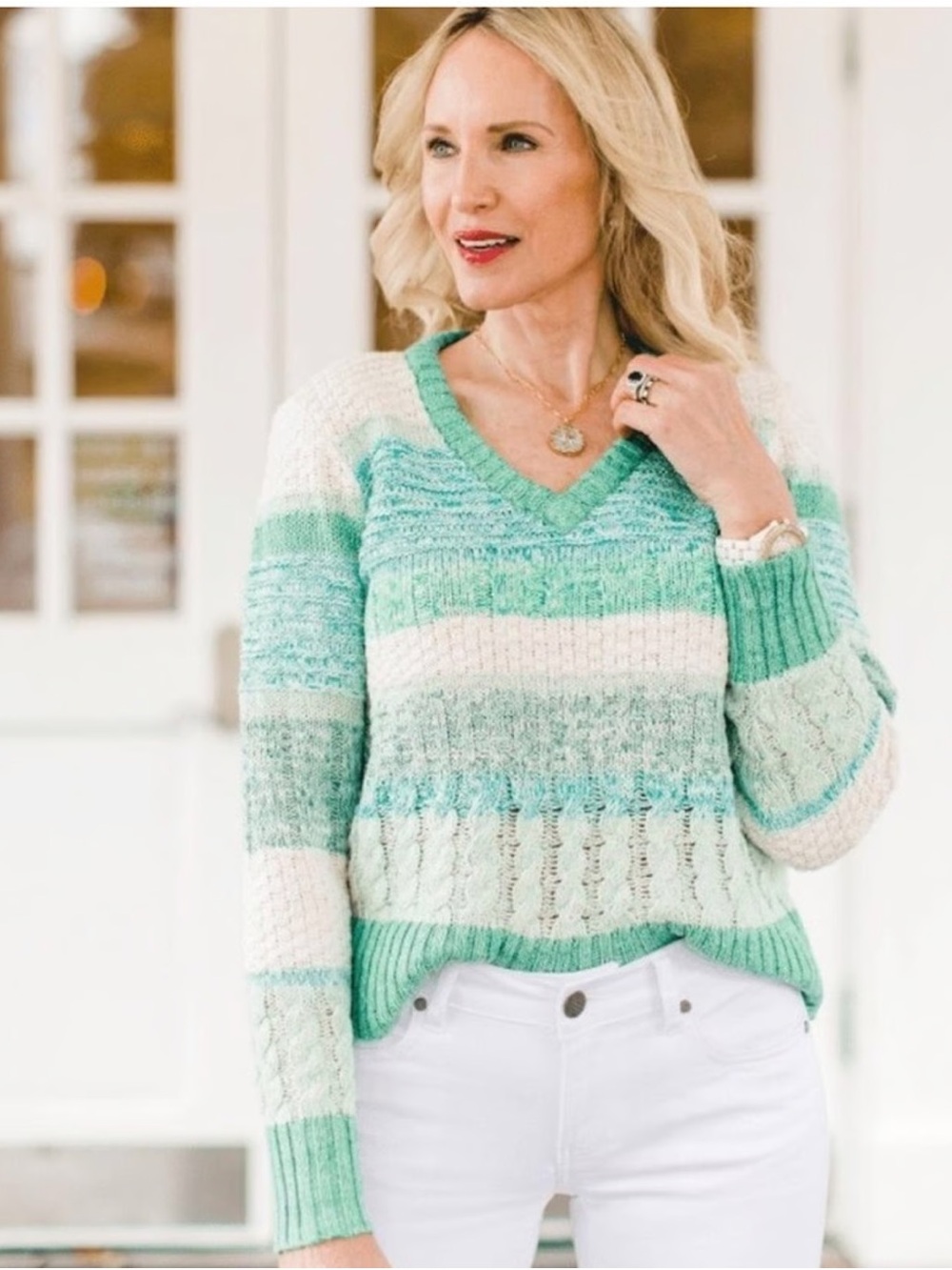 CAbi Mix Stitch V-Neck Pullover Sweater Coastal Mint Stripe Textured Knit Size S